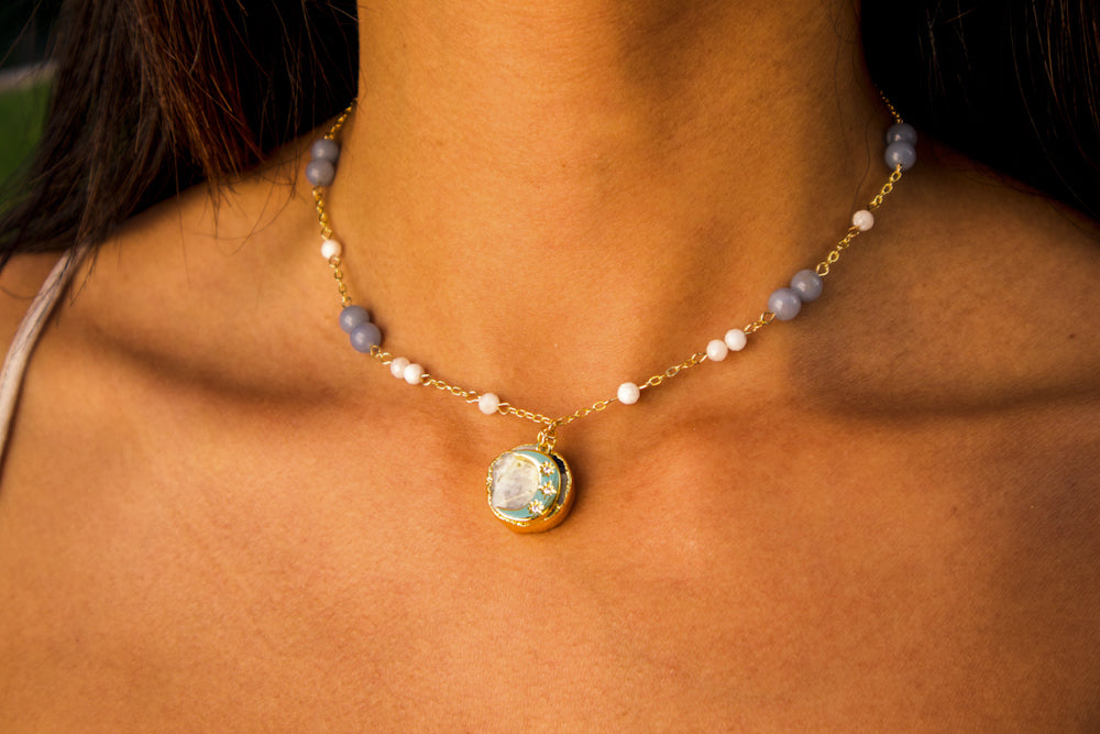 Moonstone & Angelite Choker Necklace 14k Gold Filled