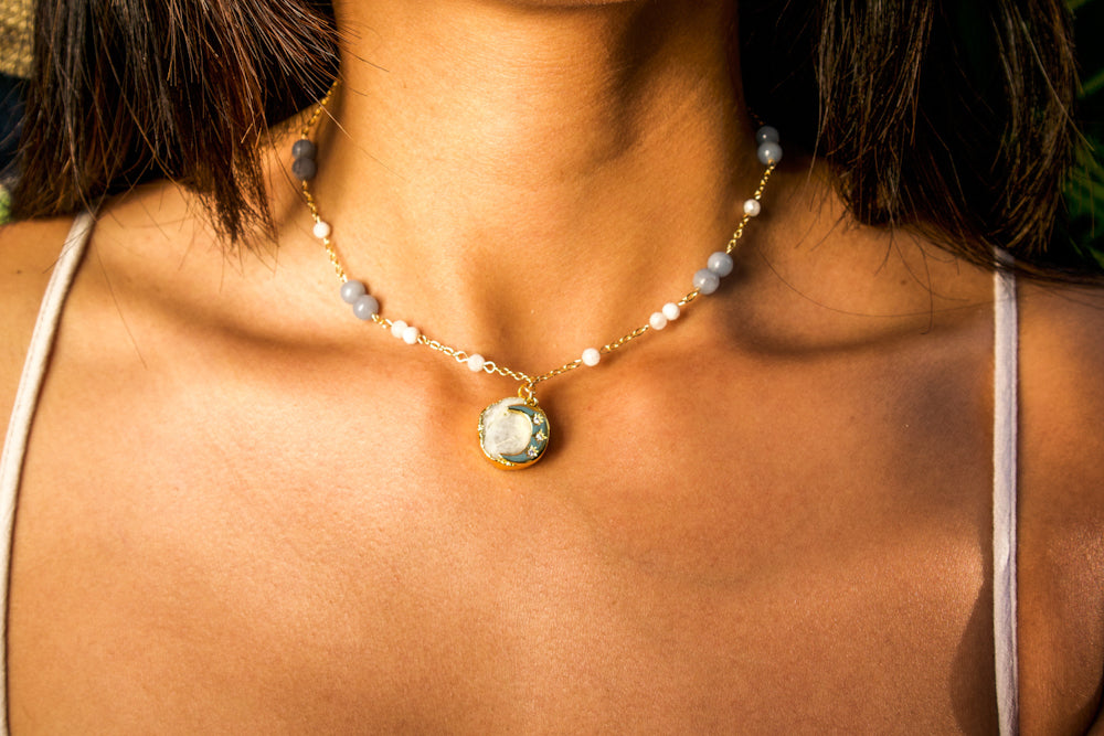 Moonstone & Angelite Choker Necklace Gold Filled