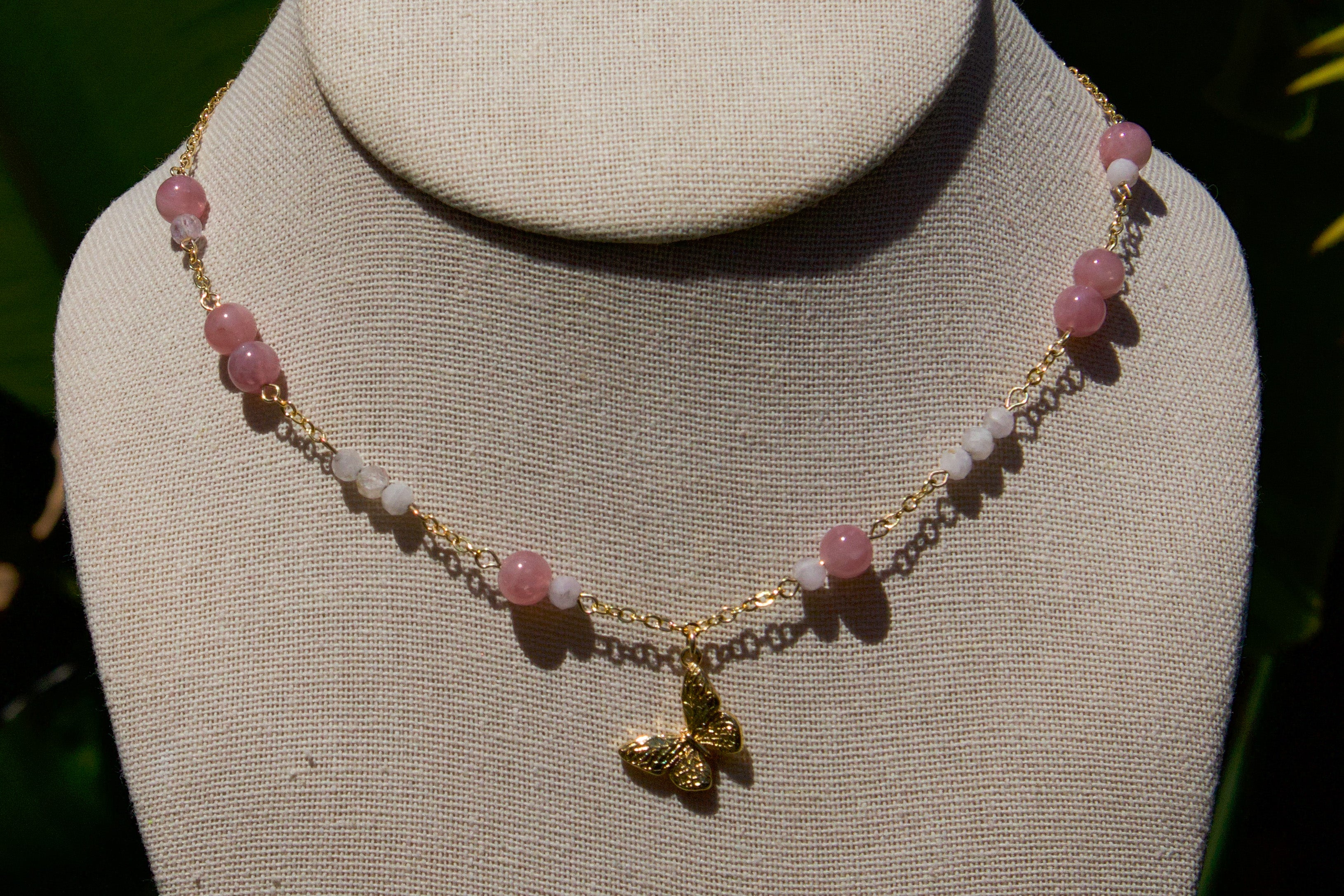Rose Quartz & Kunzite Butterfly Necklace 14k Gold Filled