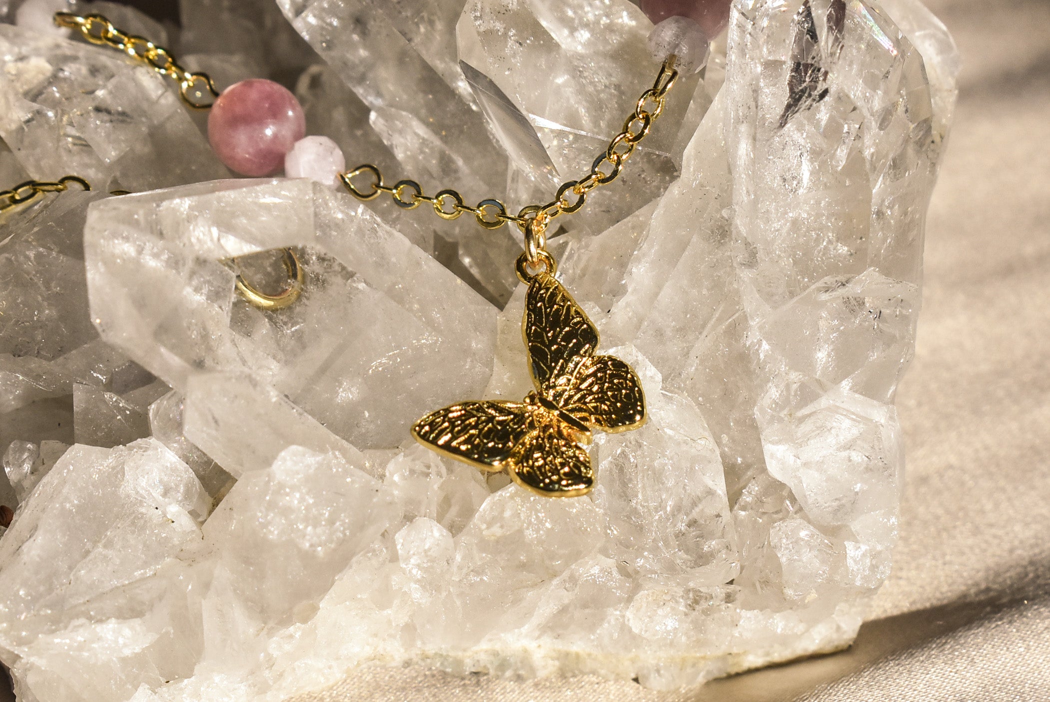 Rose Quartz & Kunzite Butterfly Necklace Gold Filled