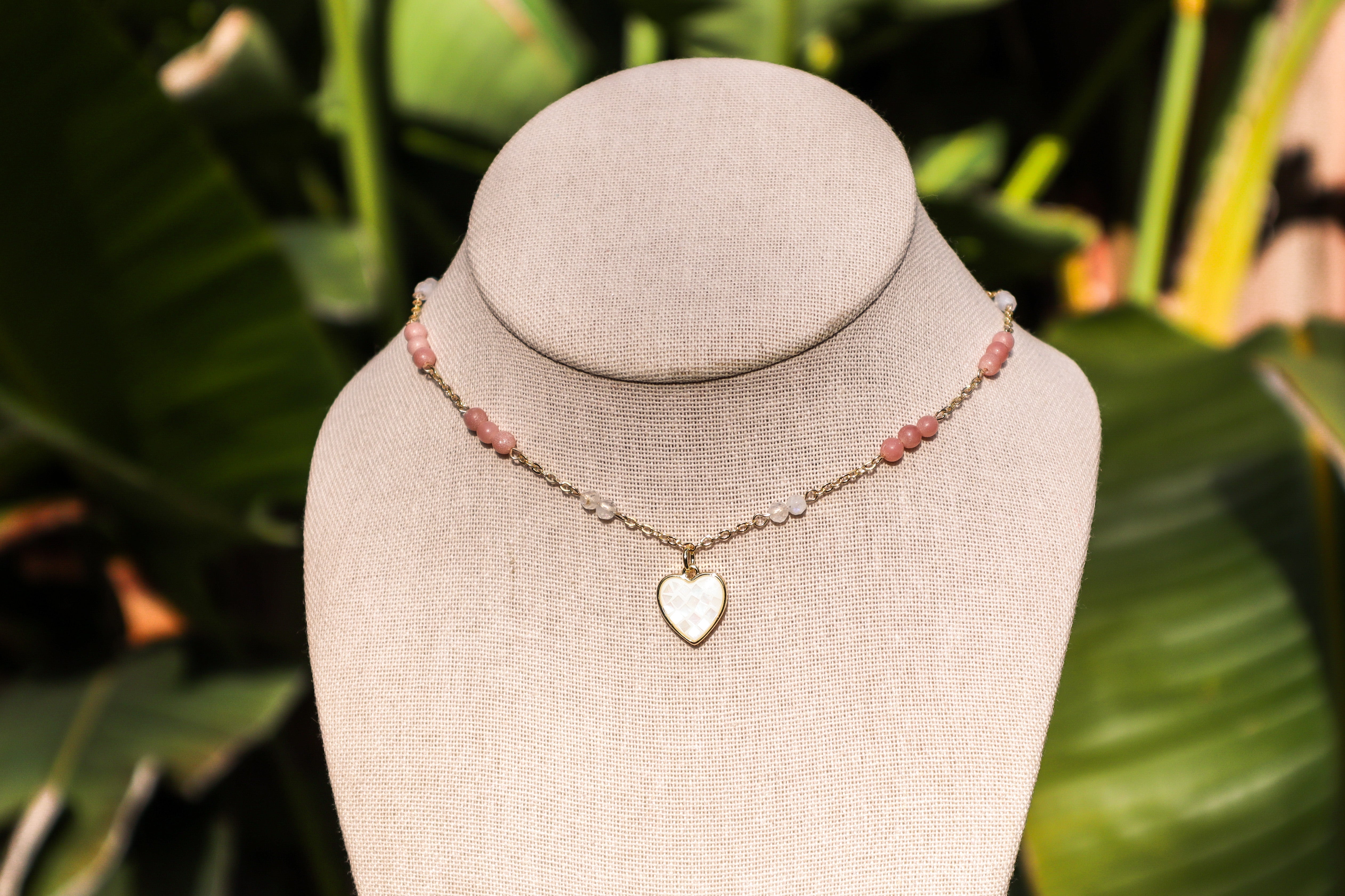 Pink Opal & Moonstone Heart Necklace