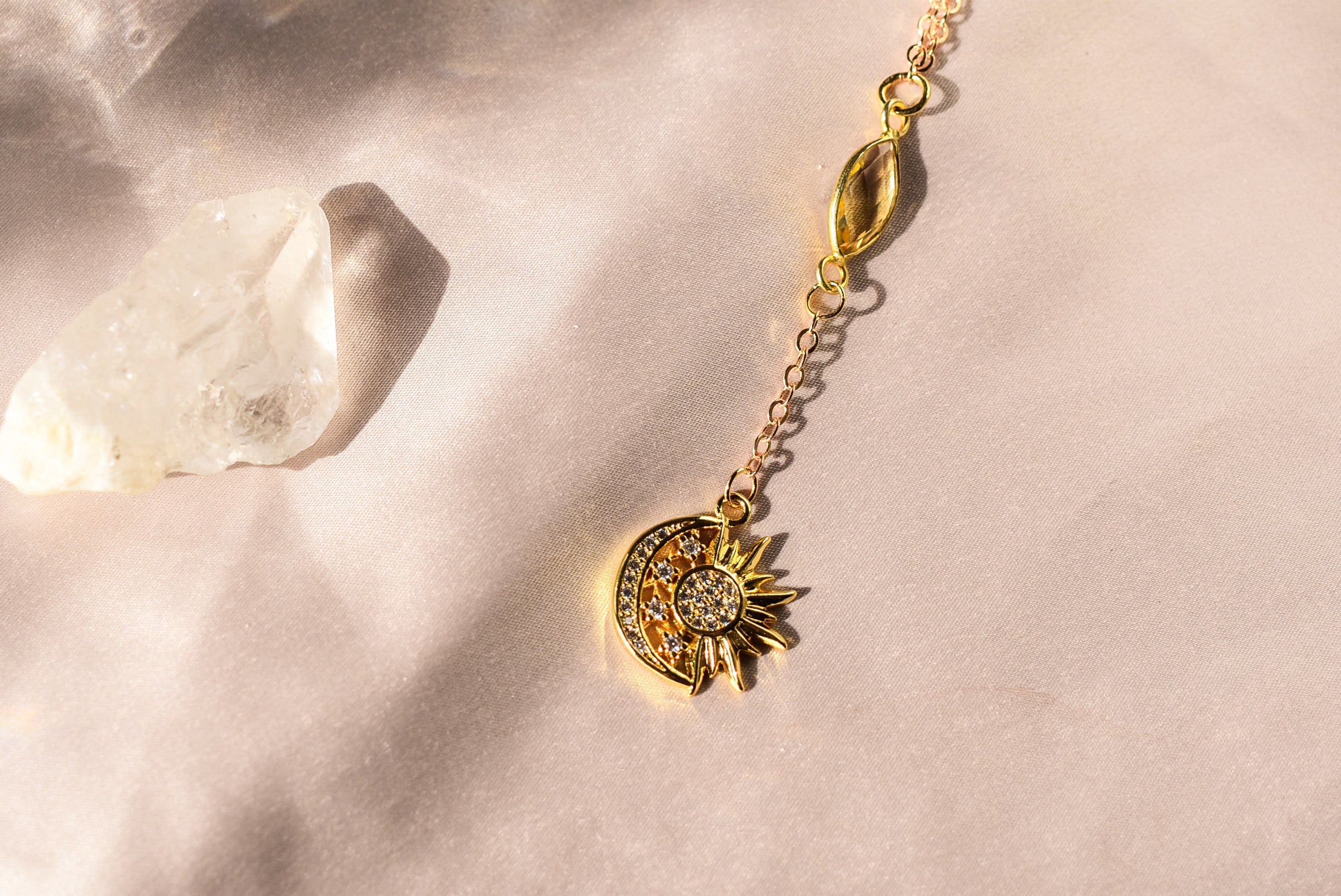 Citrine Sun & Moon Lariat Necklace Gold Filled