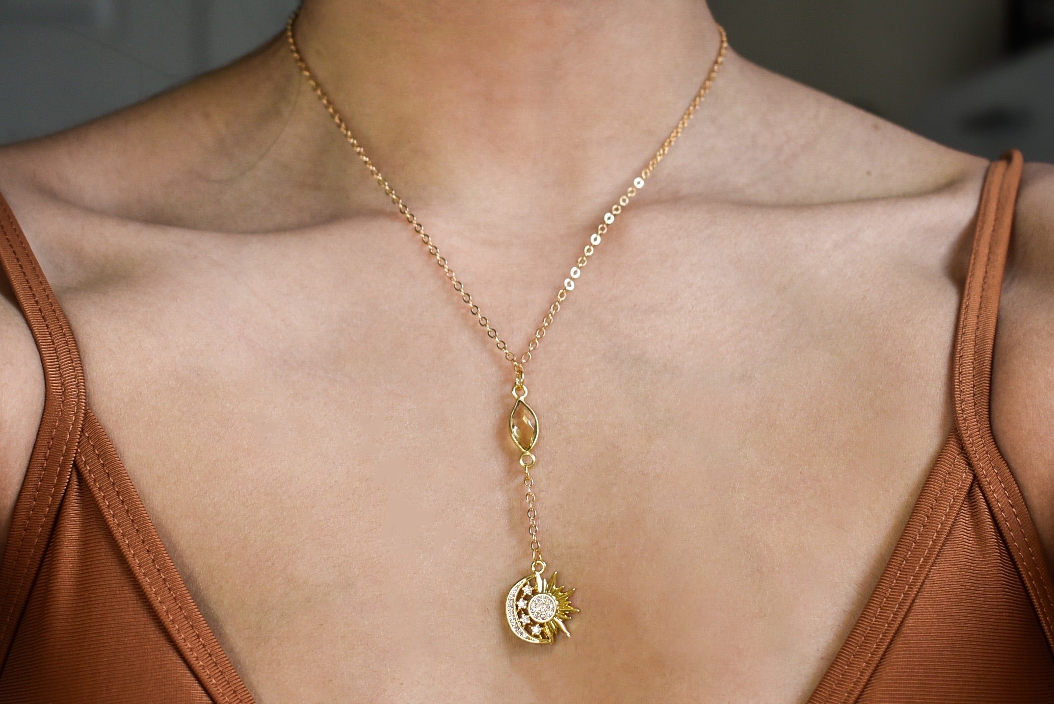 Citrine Sun & Moon Lariat Necklace Gold Filled