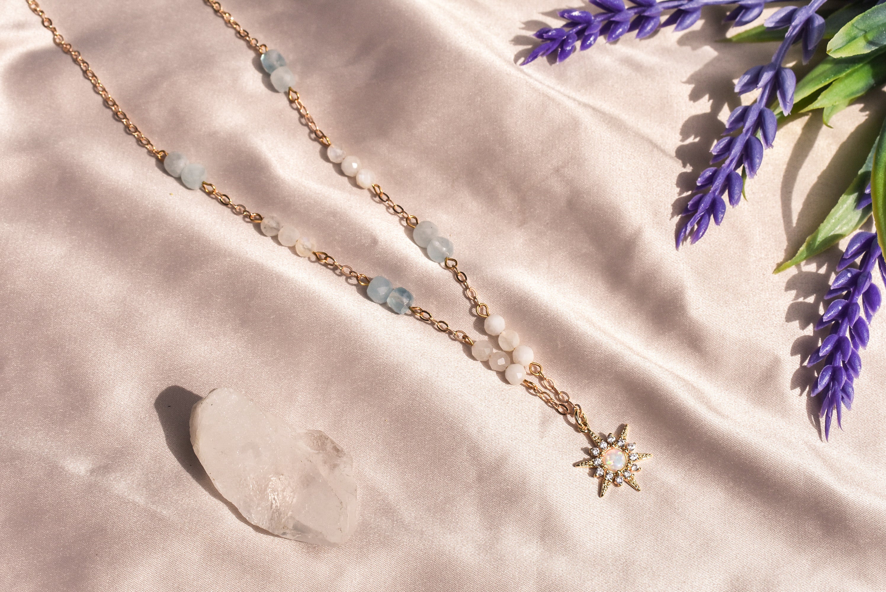 Aquamarine & Moonstone Star Necklace Gold Filled