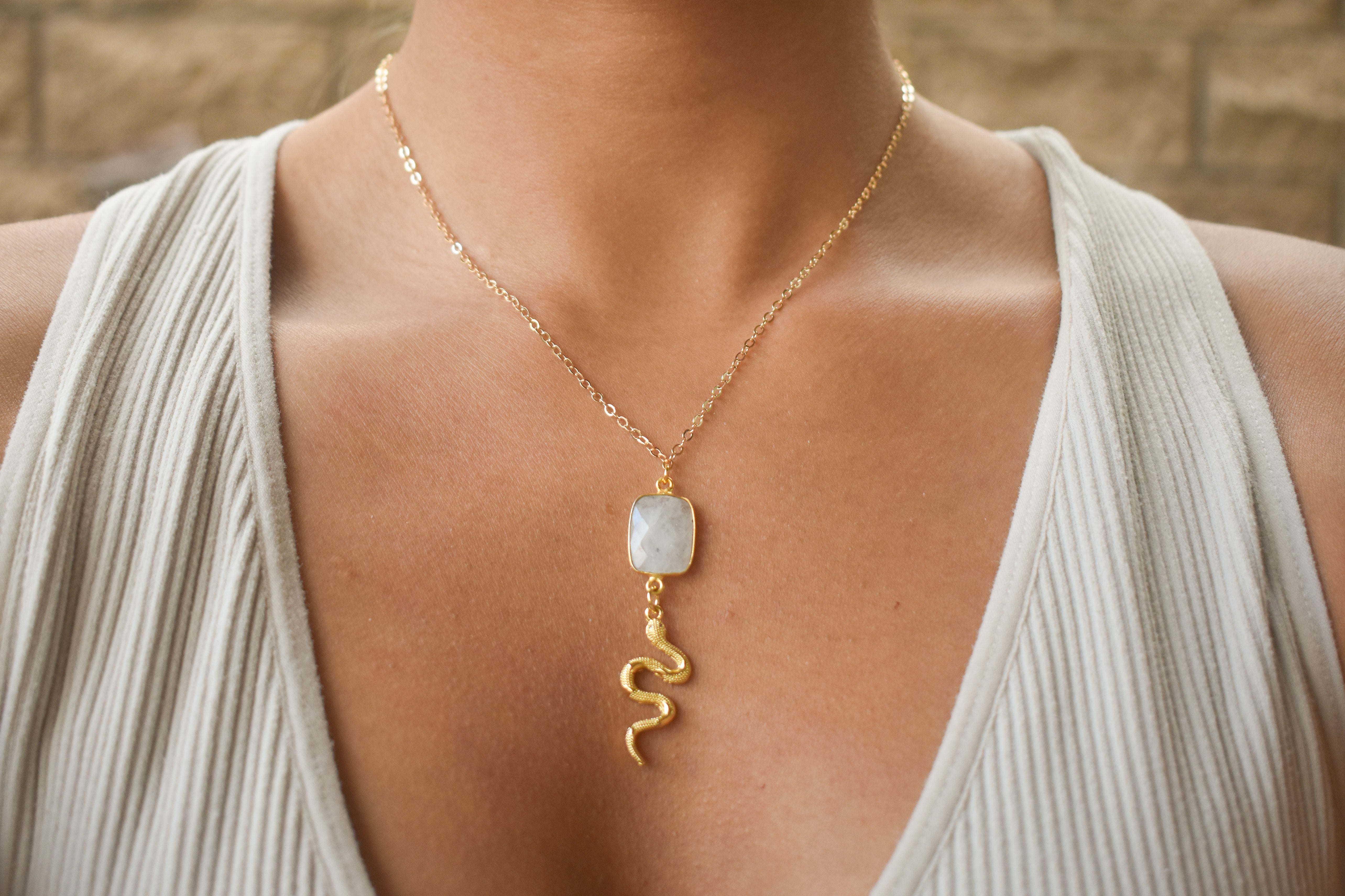 Moonstone Snake Serpent Necklace Gold Filled