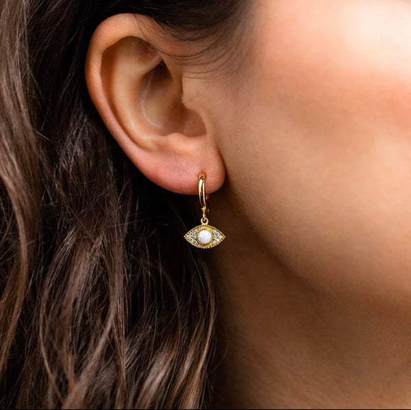 Opal Evil Eye Hoop Huggie Earrings Gold Vermeil