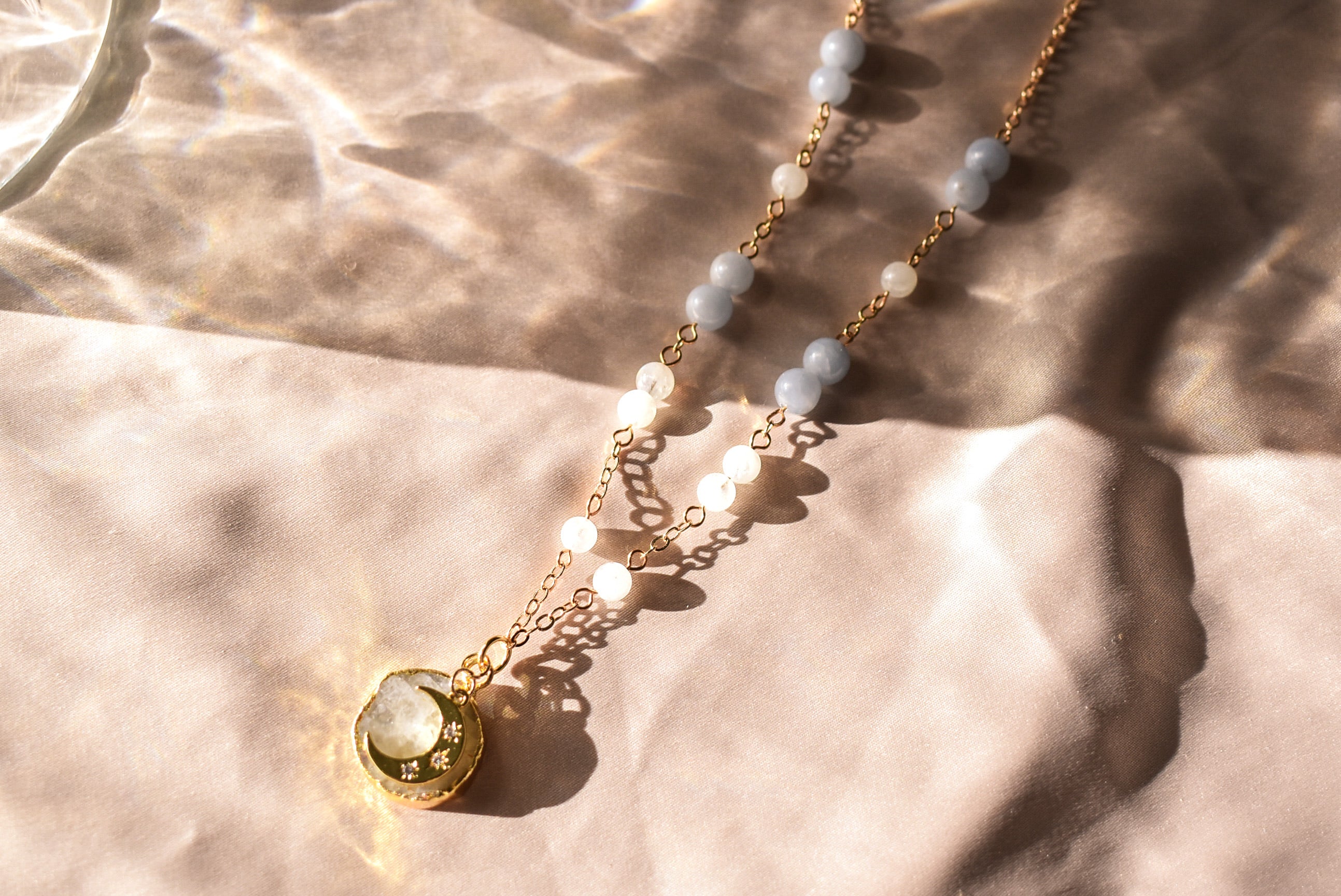 Moonstone & Angelite Choker Necklace Gold Filled