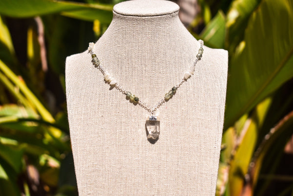 Prehnite, Moonstone, & Quartz Sterling Silver Necklace